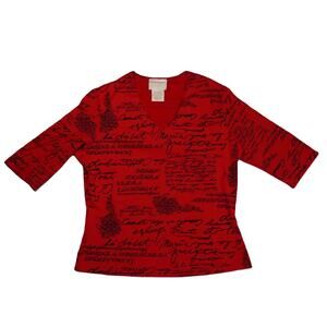 Vtg 90s Chico's Made in USA womens blouse red black floral letters sz S